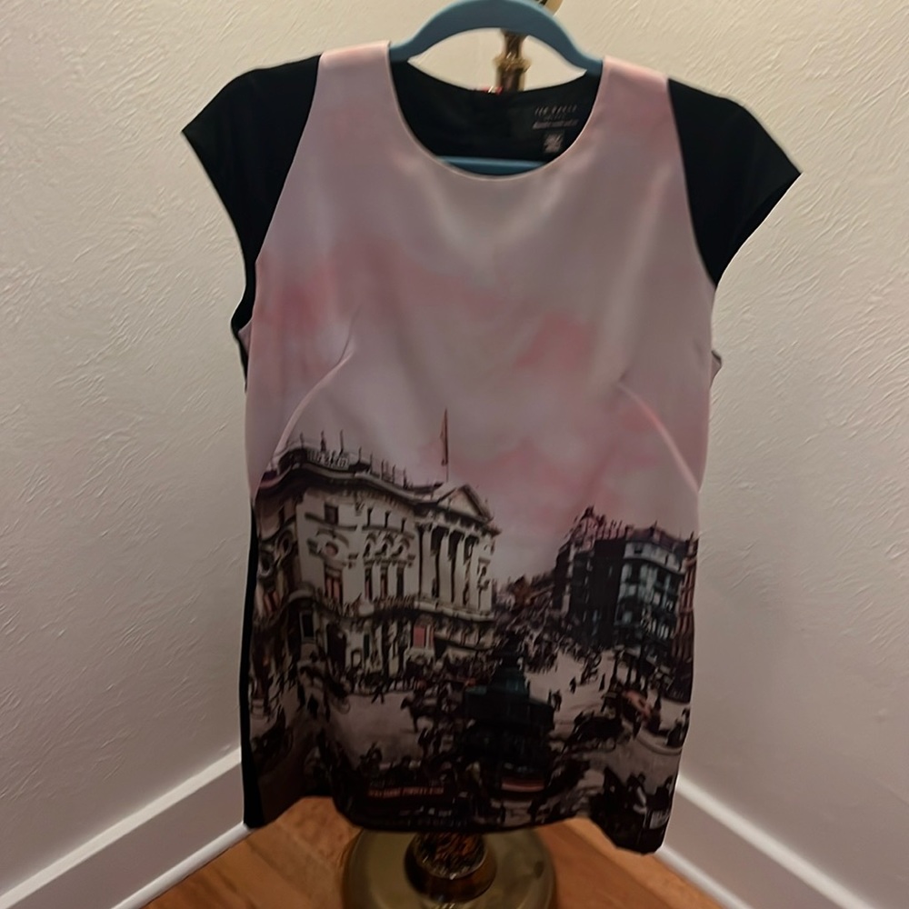 Lightweight, fully lined, Ted Baker dress with architectural graphic.